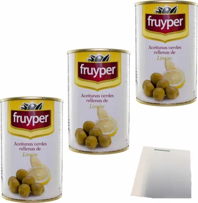 Produktbild von Fruyper Oliven mit Zitrone 3er Pack (3x130g Dose) + usy Block