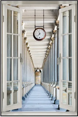 Produktbild von Wallario Wandbild mit Fenster-Illusion: Säulengang, Größe: 61 x 91,5 cm, Poster mit schwarzem Aluminiumrahmen