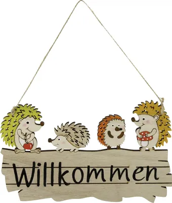 Produktbild von Türschild Willkommensgruß mit Igelmotiv Holz 23 x 14 cm natur bunt