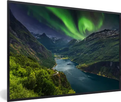 Produktbild von MuchoWow® MuchoWow® Gerahmtes Poster Nordlichter - Berg - Boot - Norwegen 90x60 cm - Poster mit zchwarzem Bilderrahmen - Fotorahmen - Foto-Plakat
