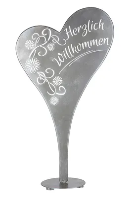 Produktbild von Gilde Standrelief, Herz, Herzlich Willkommen, Blumendesign, Schriftzug, Metall, silberfarben, VE 2 Höhe: 90.00 cm Breite: 49.50 cm Tiefe: 24.00cm 67057