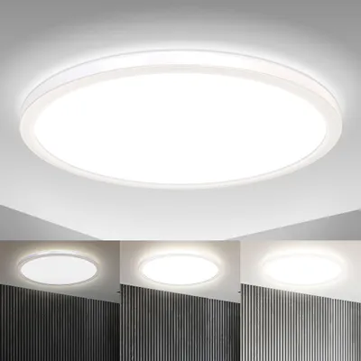 A white, circular LED ceiling light is shown against a white ceiling. Below this main image, three smaller images show the light in different settings with varying wall textures and lighting conditions.