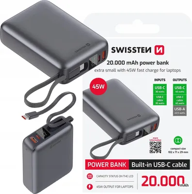 Zdjęcie produktu dla SWISSTEN Kompaktowy Powerbank 20000 mAh 45W kabel USB-C Wyświetlacz LCD