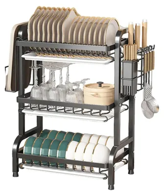 Zdjęcie produktu dla Stojak do suszenia naczyń kuchennych - Pionowy stojak do suszenia naczyń - Wielopoziomowy - Z pojemnikiem na sztućce - Półka na deski do krojenia - Metalowy organizer oszczędzający miejsce - Czarny