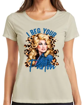 Imagen del producto de Camiseta para mujer, estilo retro, con la imagen de Dolly, la icónica cantante de música country "I Beg Your Parton", diseño western, color natural, talla L