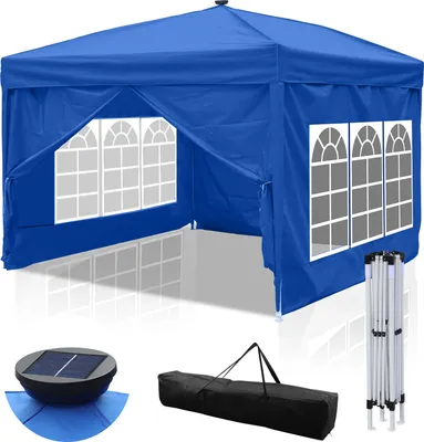 Produktbild von Hebitod Faltpavillon Pavillons & Partyzelte 3x3m, Festzelt Gartenzelt für Garten Terrasse Feier Party, Wasserdich mit Fenstern Mit Solar-LED-Licht Blau