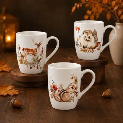 Produktbild von Tassen 3er Set Waldtier 480 ml - Teetassen Hirsch, Igel & Eichhörnchen
