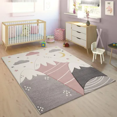 Produktbild von Paco Home Kinderteppich Teppich Kinderzimmer Junge Mädchen Berge Sterne Wolken 3D Effekt 133 cm quadrat