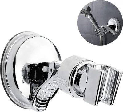 A close-up of a chrome shower head holder with a suction cup base.
