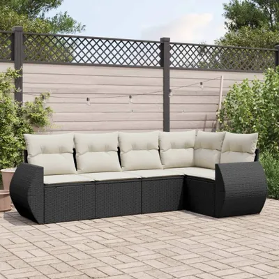 Produktbild von Design 5-tlg. Garten-Sofagarnitur mit Kissen Schwarz Poly Rattan, Gartenmöbel-Sets 2024 Neu