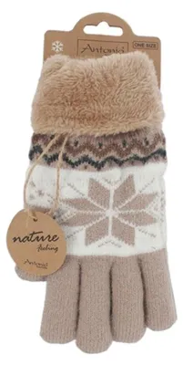 Produktbild von Winter Damen Handschuhe » Fingerhandschuhe Schneeflocke » Gefütterte Teddy Winterhandschuhe » Strickhandschuhe flauschig & warm: Hellbraun Farbe: Hellbraun