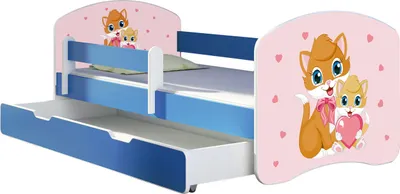 Produktbild von ACMA Jugendbett Kinderbett Junior-Bett Komplett-Set mit Matratze Lattenrost und Rausfallschutz Blau 33 Miezekatzen 140x70 + Bettkasten
