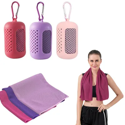 Produktbild von Kühlende Handtücher 3 Stück Schnelltrocknend Microfaser 30 x 90cm Rosenrot Lila Rosa mit Silikonhülle