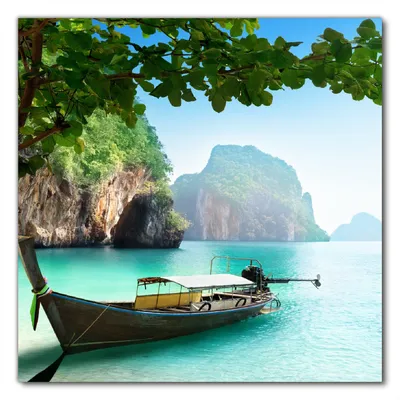 Produktbild von Wallario selbstklebende Möbelfolie/ Tischdecke für Innen und Außen, Größe: 80 x 80 cm - Fischerboot in Thailand  blaues Meer und Steinfelsen