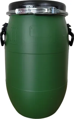 A green plastic drum with a black lid and silver clasps, shown against a white background.