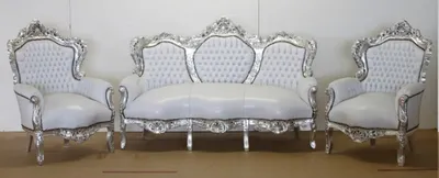 Produktbild von Casa Padrino Barock Sofa Garnitur Weiß Lederoptik / Silber + 2 Sessel - Wohnzimmer Barock