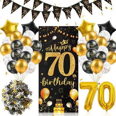 70. Geburtstag Dekoration Set – Gold-Schwarz Banner & Ballons