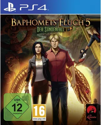The cover art for the video game Baphomet's Curse 5 - The Fall of Sin, featuring two main characters and a snake.