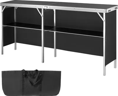 A black folding trade show counter with silver legs and shelves, shown with a black carrying bag.