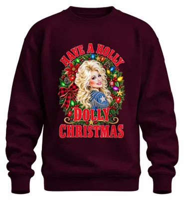 Productafbeelding van "Have A Holly Dolly Christmas" - Country muziek, sweatshirt/pullover met afbeelding van Dolly Parton, bordeauxrood, maat L