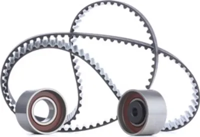 A product shot of two timing belts and two idler pulleys against a white background.