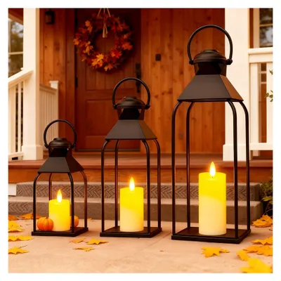 Produktbild von Metalllaternen für Innen und Außen, 3er-Set Schwarz, dekorative Kerzenlaternen für Wohnzimmer, Terrasse, Balkon, Weihnachts- und Hochzeitsdekoration (44+35+25 cm)