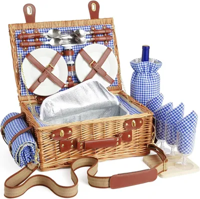 Imagen del producto de Cesta de picnic de mimbre con compartimento refrigerante, para 4 personas, que incluye un juego de cubiertos y una manta impermeable para uso en exteriores