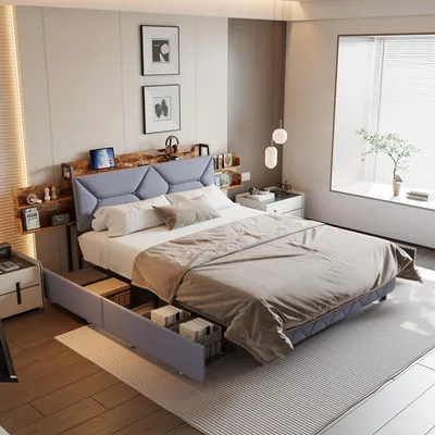 Produktbild von Polsterbett 140x200 cm mit USB-Anschlüssen, offenen Regalen und Schubladen im Kopfteil, Grau