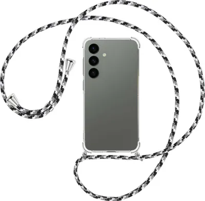 Produktbild von Handykette Backcover-Schutzhülle mit Band (Metall silberfarben) für Samsung Galaxy S24 - schwarz/grau/weiß