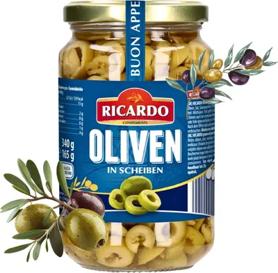 Produktbild von RICARDO Feinkost grüne Oliven in Scheiben 340g geschnitten