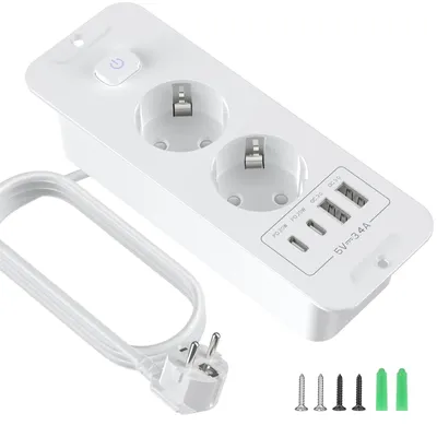 Obrázek produktu pro 2-násobná podlahová zásuvka s USB-A a USB-C - stolní zásuvka s 2 m prodlužovacím kabelem