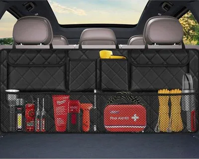 Zdjęcie produktu dla Organizer do bagażnika samochodu - torba do przechowywania w samochodzie - utrzymanie porządku w samochodzie - wodoodporna i wytrzymała - 42x18 cali - czarna