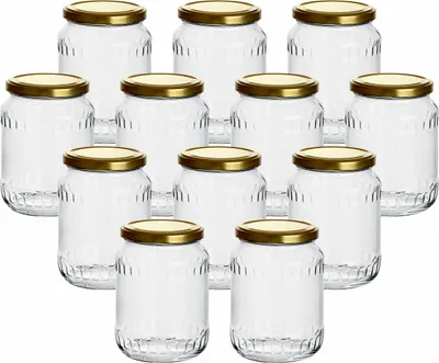 Produktbild von gouveo 12er Set Einmachgläser 720 ml Facette mit Schraub-Deckel goldfarben - Große Vorratsgläser mit Drehverschluss TO82 - Leere Marmeladengläser, Einkochgläser, Einweckgläser, Aufbewahrungsgläser