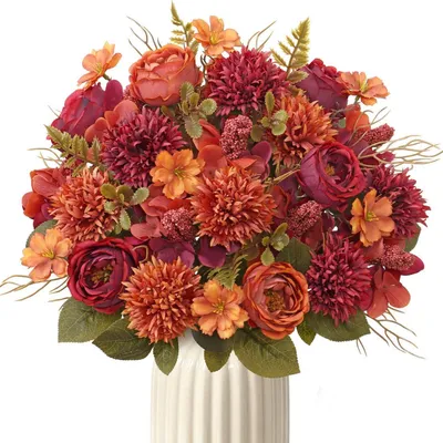 Produktbild von Herbststrauß Kunstblumen 4er Set Pfingstrosen Chrysanthemen Burgunderrot 32cm