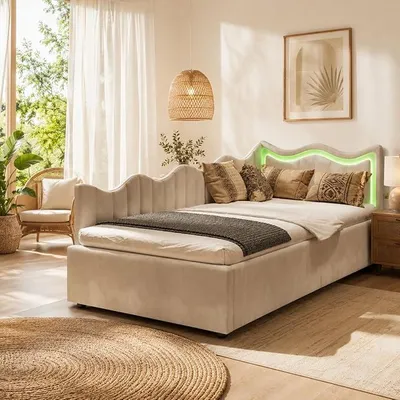 Productafbeelding van Jeugdbed 90x200 cm, slaapbank met bedopslag, gestoffeerd dagbed met hoofdeinde, slaapbank als eenpersoonsbed met lattenbodem, boxspringbed met bedopslag, dagbed (beige fluweel)