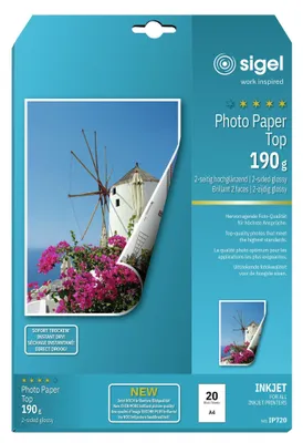 Produktbild von SIGEL IP720 Inkjet Fotopapier Top, 2-seitig hochglänzend, 190 g/m², A4, 20 Blatt