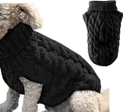 Produktbild von Rollkragenpullover für Haustiere, Strickpullover, Winterwärmer, dicker Pullover, Strickwaren, Häkelmantel, Kleidung für kleine, mittelgroße und große Hunde, Welpen und Katzen (L, schwarz)