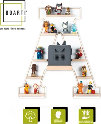Produktbild von BOARTI Kinderregal Buchstabe A | hängend für Toniebox und Tonie Figuren | platzsparendes Regal | H. 54 x B. 49 x T. 19 | Wandregal Musikbox Figuren Aufbewahrung mit Magneteinsätzen | Aufbewahrungsregal Holz