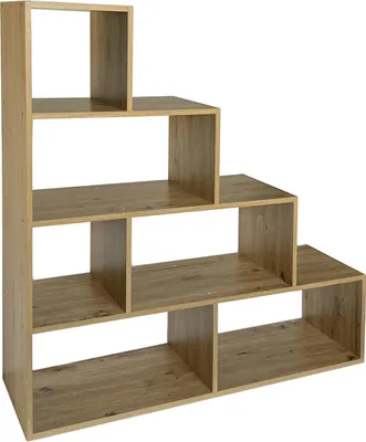 A wooden bookshelf with multiple compartments arranged in a staggered, staircase-like design.