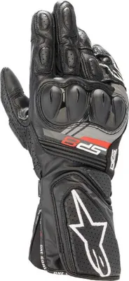 A single black motorcycle glove is shown against a white background.