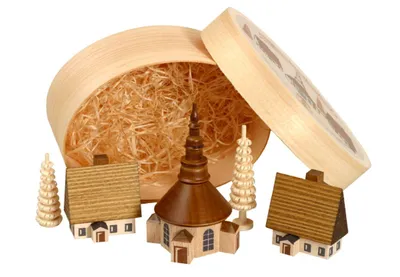 Produktbild von Miniaturfigur Spanschachtel mit Dorf Seiffen natur Höhe 7 cm NEU