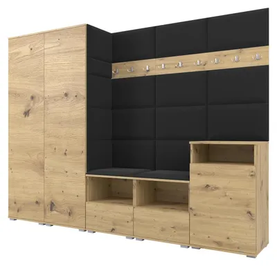 Obrázek produktu pro Šatní skříň NELA VIII 250 cm – modulární nábytek do předsíně Artisan v dubovém provedení s černým polstrováním 16 (2 skříně + příborník)