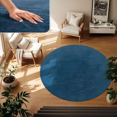A circular blue rug is placed on a wooden floor in a living room setting, with a chair and plants nearby.