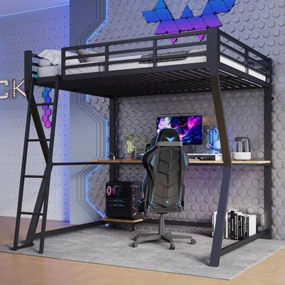 A loft bed with a desk and gaming setup underneath, in a modern room with LED lighting.