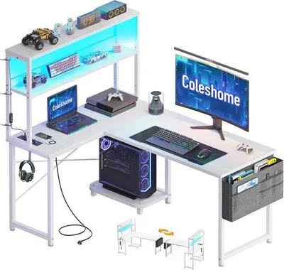 Productafbeelding van L-vorm Gaming Bureau met RGB Verlichting en Stopcontacten - 115x80 cm Hoekbureau voor Thuiswerken en Gaming