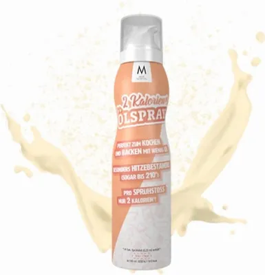 A bottle of cooking spray with liquid splashes around it.