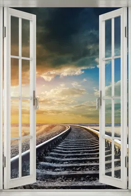 Produktbild von Wallario Poster mit Fenster-Illusion: Bahnschienen ins Ungewisse, Größe: 100 x 150 cm