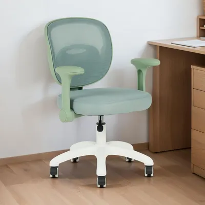 Produktbild von Kinderdrehstuhl AMELIA höhenverstellbar mit Armlehnen in grün - Ergonomischer Kinder-Schreibtischstuhl mit Mesh Rückenlehne & weißes Fußkreuz mit 5 Rollen