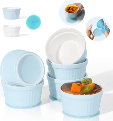 Produktbild von Creme Brulee Schälchen 6 Stück, 9 cm - 200 ml Souffle Förmchen Backofenfest, Souffleeförmchen Schüsseln, Creme Brulee Schalen, Keramikförmchen Ofenfeste Förmchen, Ragout Fin Schalen,Blau
