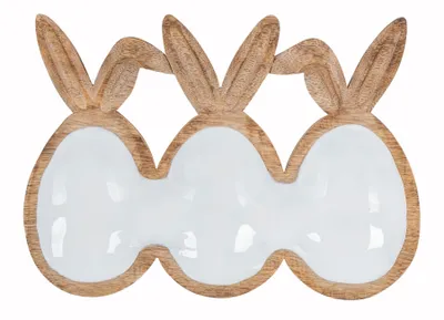 Produktbild von Deko Schale L26cm Ostereier Hasenohren Mangoholz Natur Weiß Osterdeko Tischdeko Ablage Holzschale Deko Servierplatte Oster Dekoration